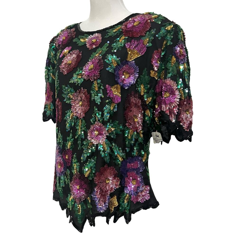 Laurence Kazar Vintage Women’s Silk Floral Sequin Beaded Top Short Sleeve Sz 1X - Picture 3 of 10